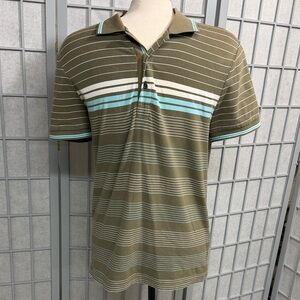 Tristan Men’s Olive Polo with Aqua and White Stripes, Medium